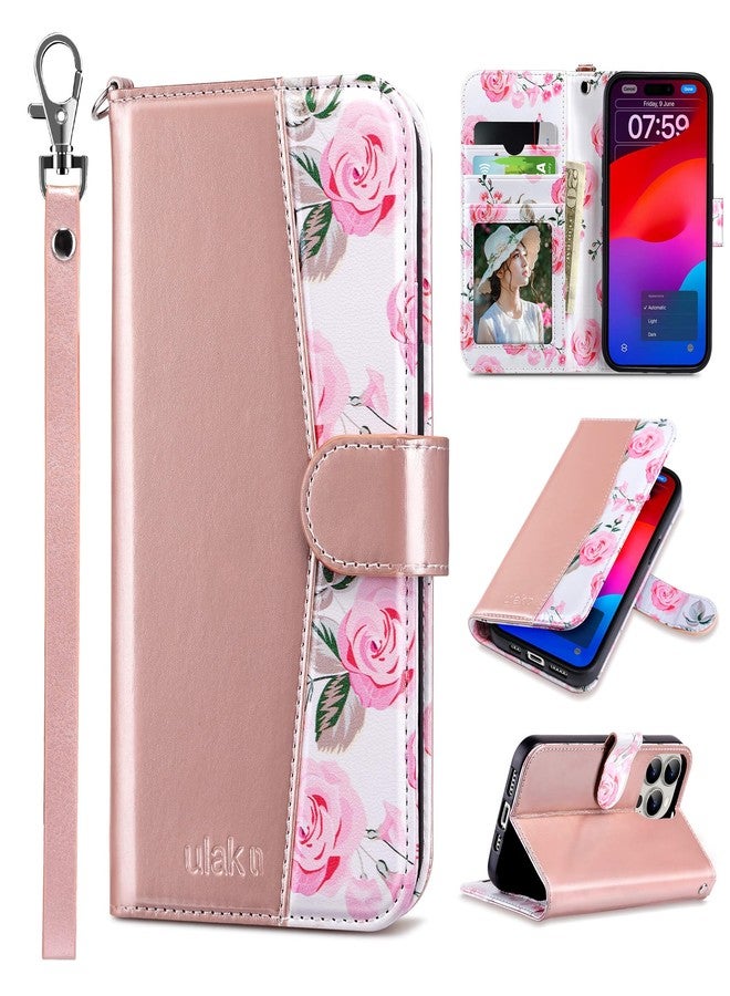 ULAK Compatible with iPhone 15 Pro Max Wallet Case for Women with Card Holder, Design Flower Flip PU Leather Kickstand Shockproof Protective Phone Cover for iPhone 15 Pro Max 6.7'' 2023, Rose Gold - Image 1