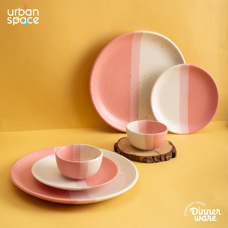 Urban Space طقم عشاء سيراميك يدوي الصنع 6 قطع من أوربان سبيس 2 طبق عشاء 10 بوصة 2 وعاء كاتوري 200 مل و2 طبق ربع 7 بوصة آمن للاستخدام في الميكروويف وغسالة الصحون مجموعة من 6 لؤلؤي وردي - Image 2
