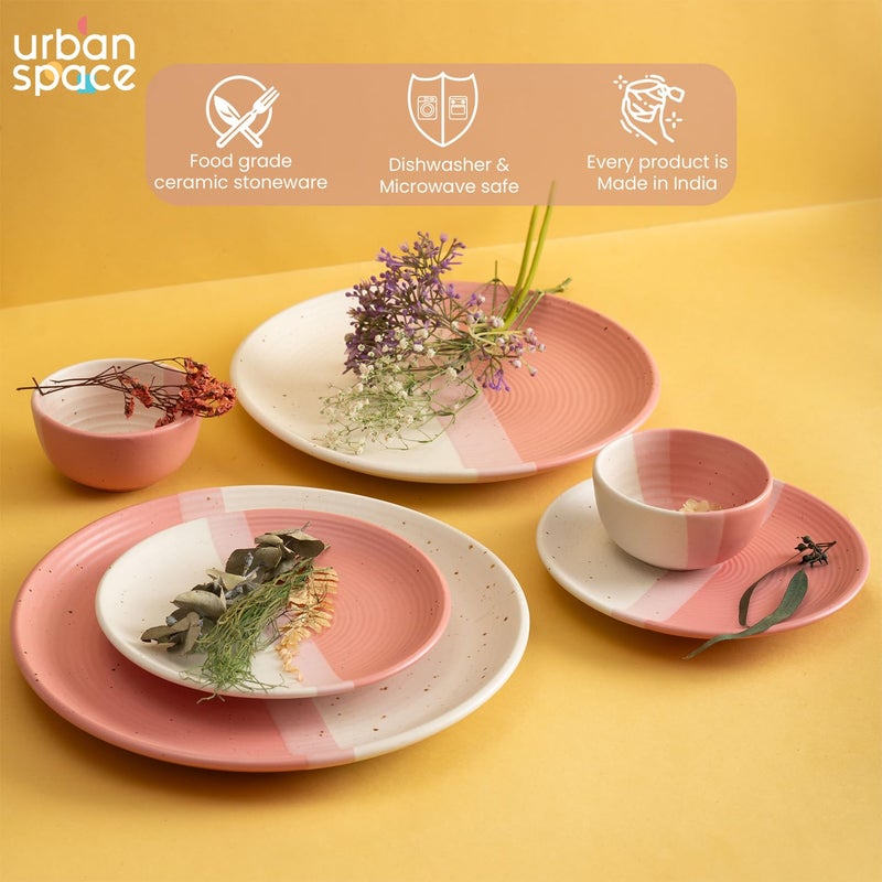 Urban Space طقم عشاء سيراميك يدوي الصنع 6 قطع من أوربان سبيس 2 طبق عشاء 10 بوصة 2 وعاء كاتوري 200 مل و2 طبق ربع 7 بوصة آمن للاستخدام في الميكروويف وغسالة الصحون مجموعة من 6 لؤلؤي وردي - Image 3