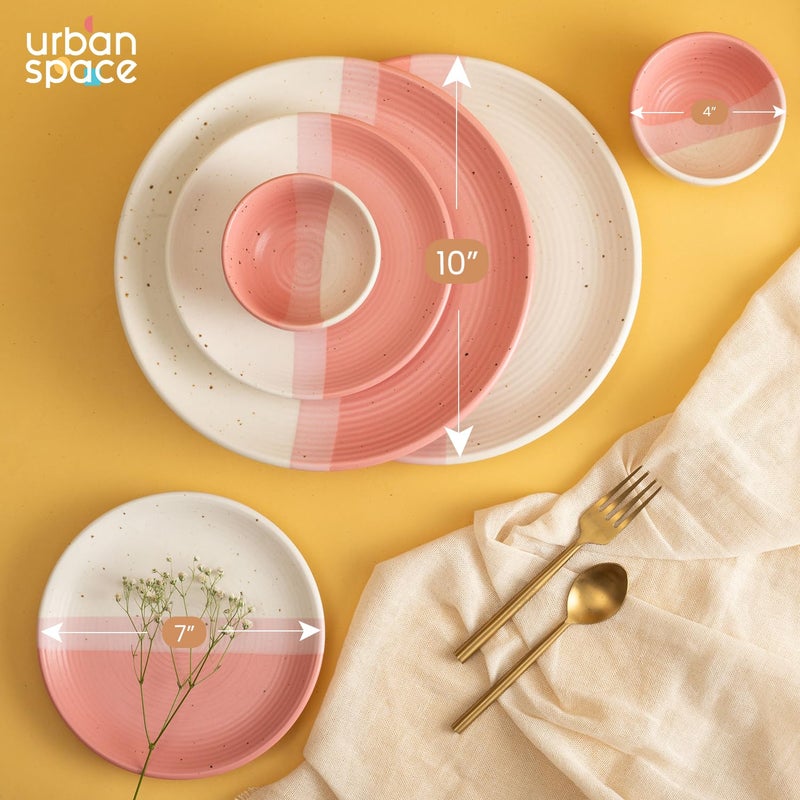 Urban Space طقم عشاء سيراميك يدوي الصنع 6 قطع من أوربان سبيس 2 طبق عشاء 10 بوصة 2 وعاء كاتوري 200 مل و2 طبق ربع 7 بوصة آمن للاستخدام في الميكروويف وغسالة الصحون مجموعة من 6 لؤلؤي وردي - Image 4