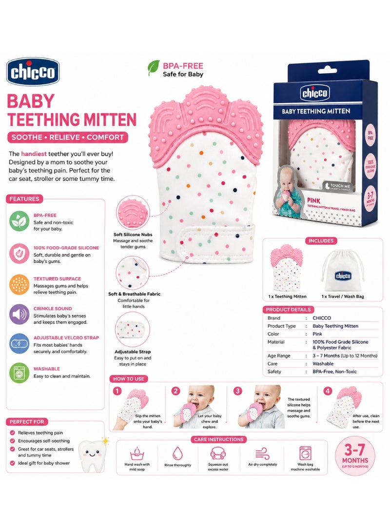 CHICCO Silicone Baby Teething Glove with Adjustable Velcro Strap, Pink - Image 3