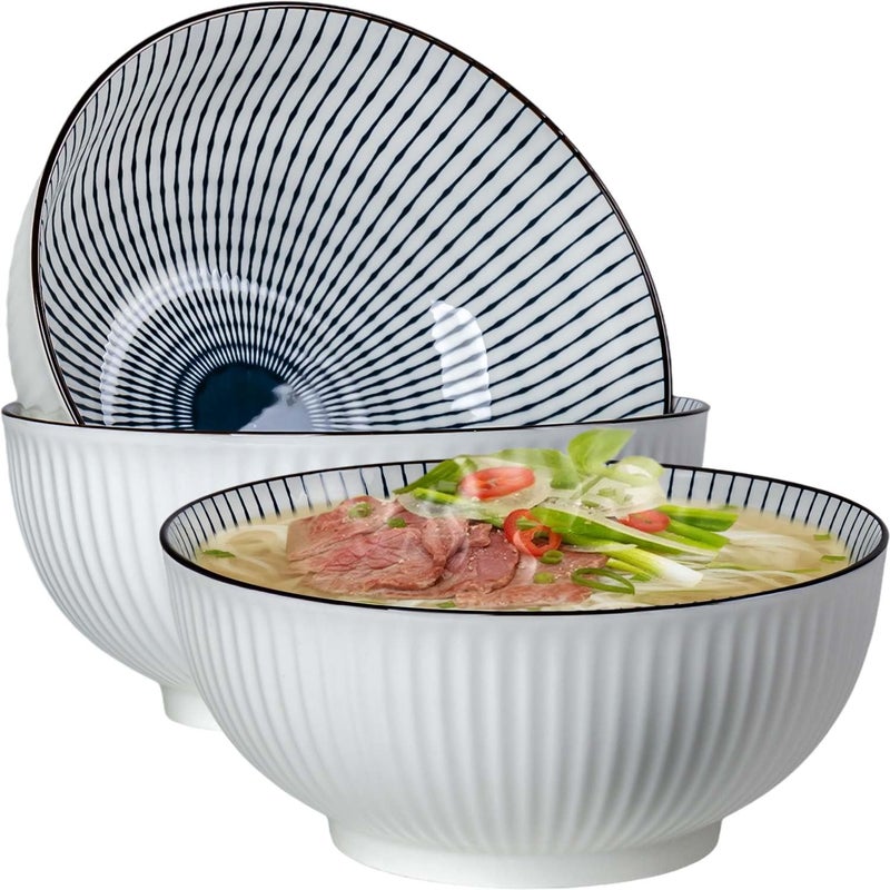 QINLANG Large Soup Bowls, Pho & Ramen Set of 3, 60 oz Blue & White Porcelain Big Bowls - Striped Pattern - Image 1