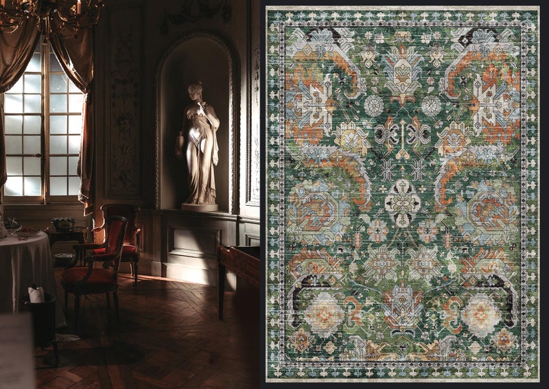 RUGSURE Washable Area Rugs - Perfect for Living Room, Bedroom, Kids Room, Nursery - Stain & Water Resistant Non-Slip, Pet & Child Friendly, Vintage Tribal Area Rugs (Green, 6' x 9') - Image 2