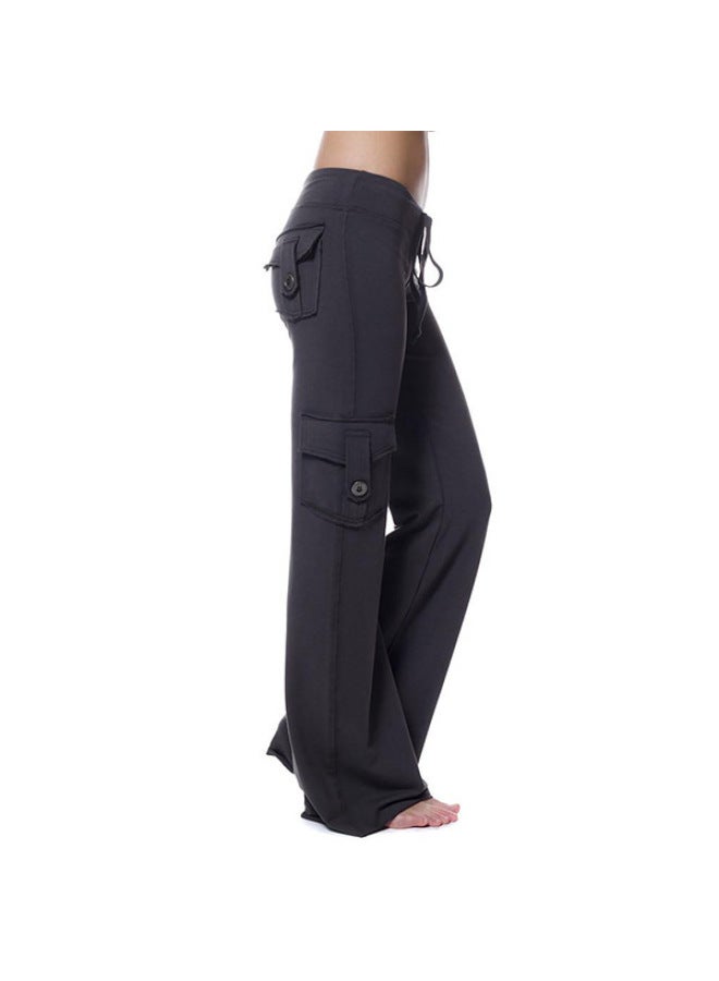 Fall European And American Solid Color Hot Elastic Waist Button Multi-pocket Yoga Pants