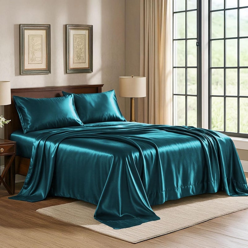 Pure Bedding Satin Sheets Full [4-Piece, Teal] Hotel Luxury Silky Bed Sheets - Extra Soft 1800 Microfiber Sheet Set, Wrinkle, Fade, Stain Resistant - Deep Pocket Fitted Sheet, Flat Sheet, Pillow Cases - Image 1