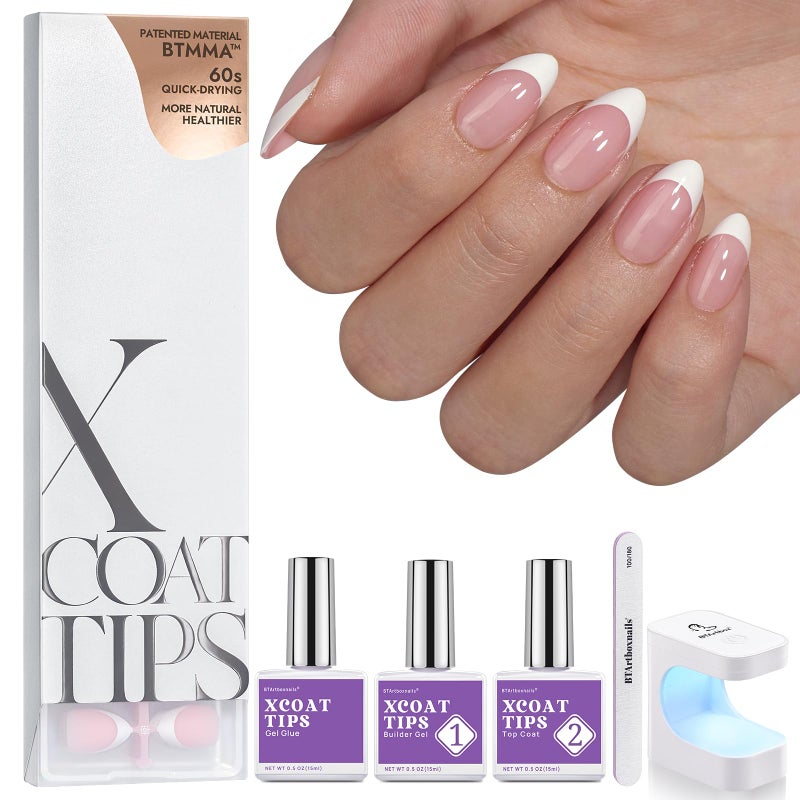 BTArtboxnails XCOATTIPS French Nail Tips  Short Almond Nail Tips with Nail Gel French Protecing Duo Nail Lamp All in One Soft Gel French Tip Press on Nails Gel