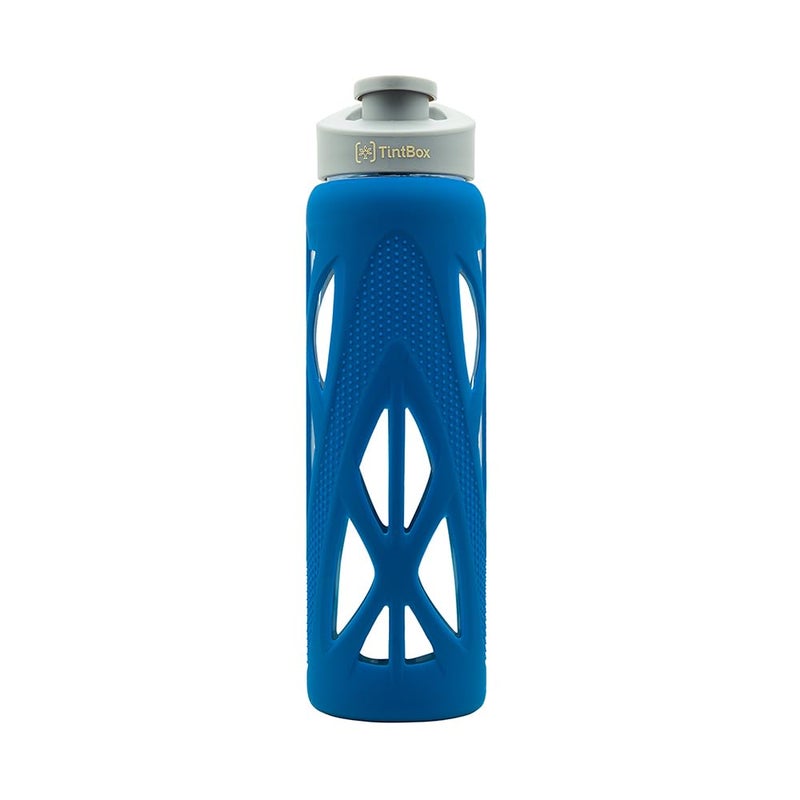 TintBox Borosilicate Glass Water Bottle with Silicone Sleeve | as seen on Shark Tank | perfect for Office, Home, Fridge, Gym, Travel | BPA Free | Power Blue | 750ml - Image 1
