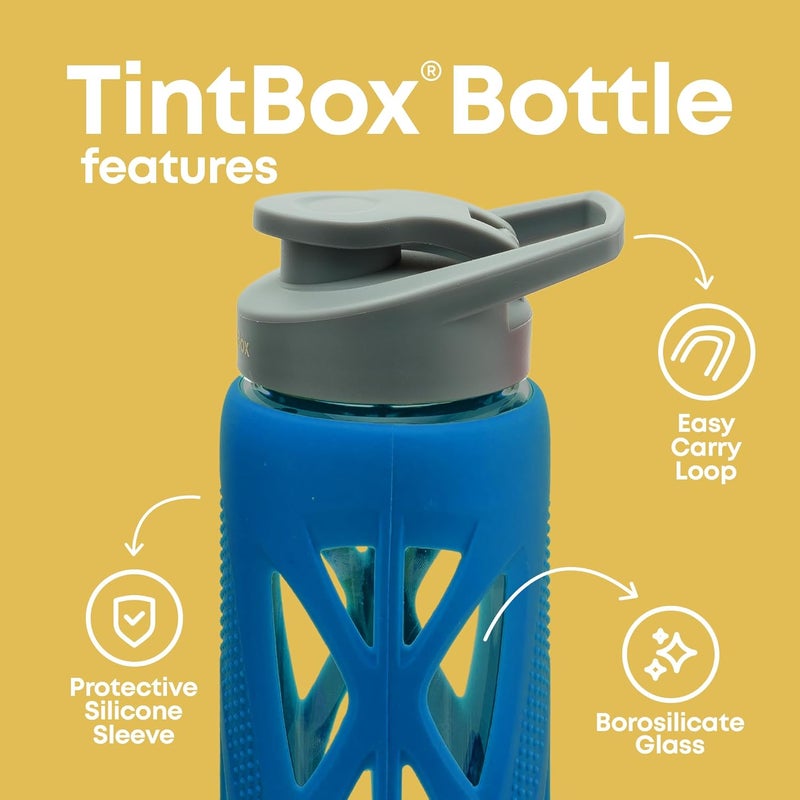 TintBox Borosilicate Glass Water Bottle with Silicone Sleeve | as seen on Shark Tank | perfect for Office, Home, Fridge, Gym, Travel | BPA Free | Power Blue | 750ml - Image 2