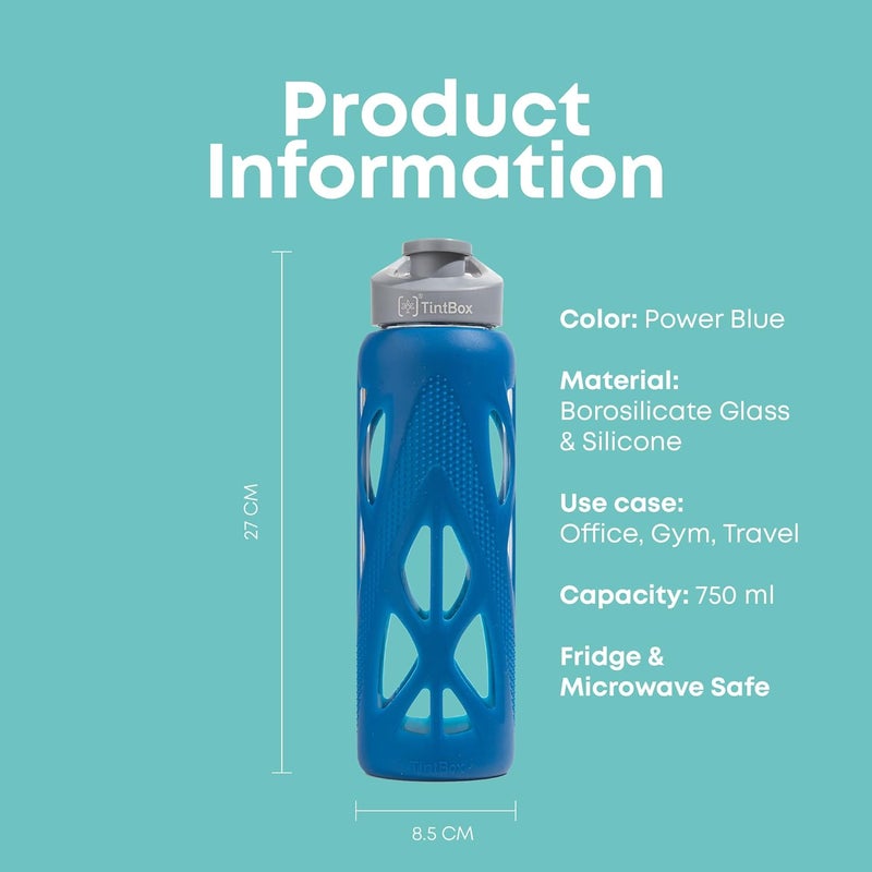TintBox Borosilicate Glass Water Bottle with Silicone Sleeve | as seen on Shark Tank | perfect for Office, Home, Fridge, Gym, Travel | BPA Free | Power Blue | 750ml - Image 3