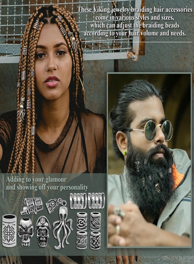 Fscwlmon 207Pcs Viking Hair Jewelry Nordic Runes Tube Beads,Accessories Kit for Braids Dreadlock Beard Locs,Metal Clips Cuff Rings,Braiding Beard Decoration Bracelets Pendant Necklace DIY Silvery - Image 4