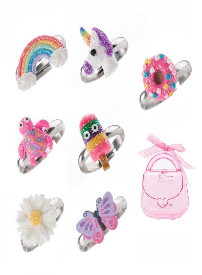 minihope Adjustable Rings Set for Little Girls - Colorful Cute Unicorn Butterfly Rings for Kids, Children's Jewelry Set of 7 - Image 1
