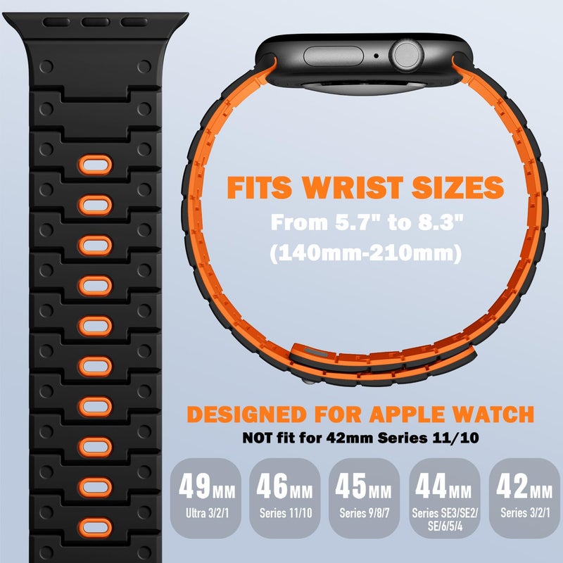 Bandletic Watchband Compatible with Apple Watch Ultra Band/Apple Watch Ultra 2 Band - Durable Silicone Magnetic Bands for iWatch Series 11 10 46mm, 9/8/7 45mm, SE3/6/5/4 44mm, 3/2/1 42mm, Black/Orange - Image 2