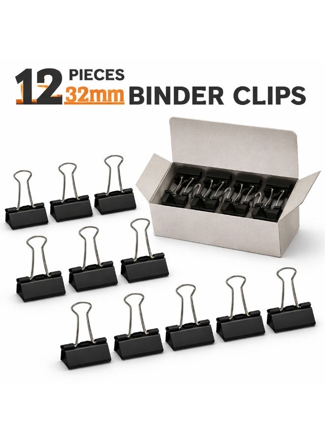 Fikriyah Binder Clips 32mm – Pack of 12 Heavy Duty Black Paper Clamps | Strong Metal Office Clips for Documents, School & Home Use - Image 1
