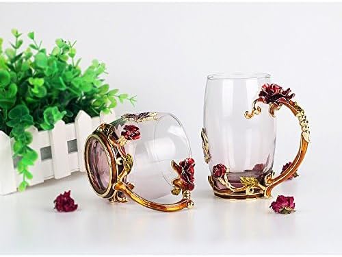 Bestbling Decoration Enamel Flower Crystal Clear Glass Coffee Tea Water Milk Cup Mug 2 pieces in 1 Gift Box Rose - Image 3