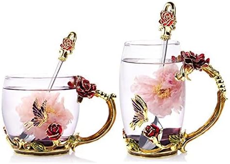 Bestbling Decoration Enamel Flower Crystal Clear Glass Coffee Tea Water Milk Cup Mug 2 pieces in 1 Gift Box Rose - Image 2
