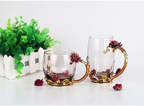 Bestbling Decoration Enamel Flower Crystal Clear Glass Coffee Tea Water Milk Cup Mug 2 pieces in 1 Gift Box Rose - Image 4