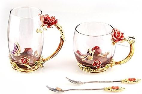 Bestbling Decoration Enamel Flower Crystal Clear Glass Coffee Tea Water Milk Cup Mug 2 pieces in 1 Gift Box Rose - Image 5