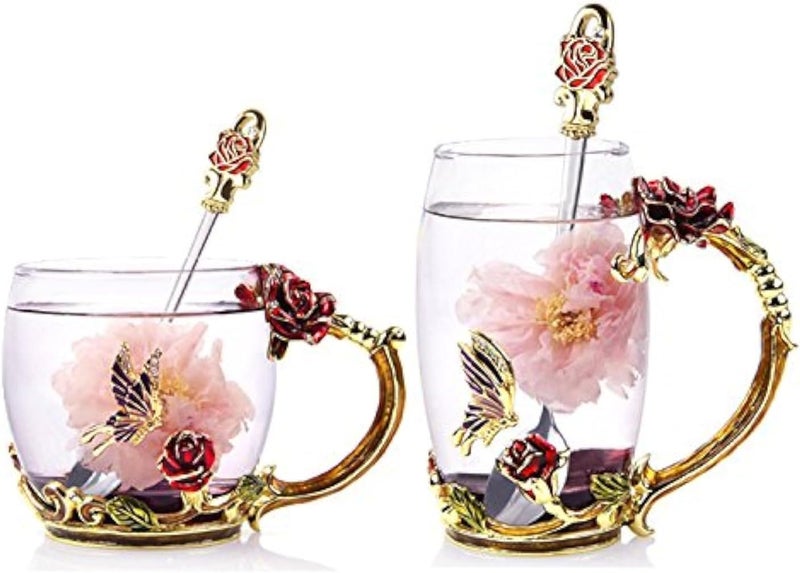 Bestbling Decoration Enamel Flower Crystal Clear Glass Coffee Tea Water Milk Cup Mug 2 pieces in 1 Gift Box Rose - Image 1