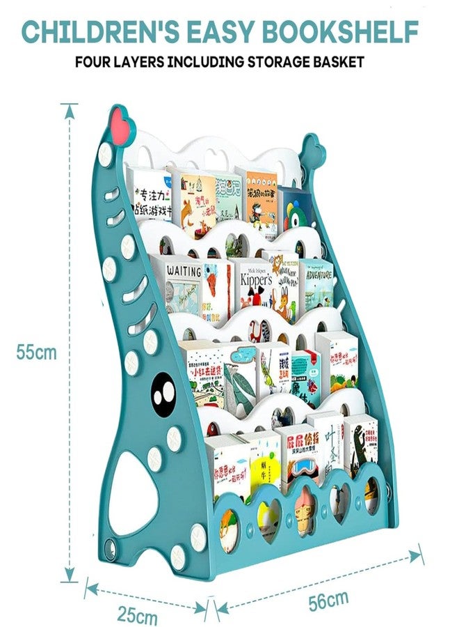 Metreno 4 Rack Book Shelf for Kids Room Plastic Kids Book Shelf Rack for Home Small Bookshelf for Babies Babies Toy Storage Organiser Toddler Book Rack (Green Without Bins) - Image 2