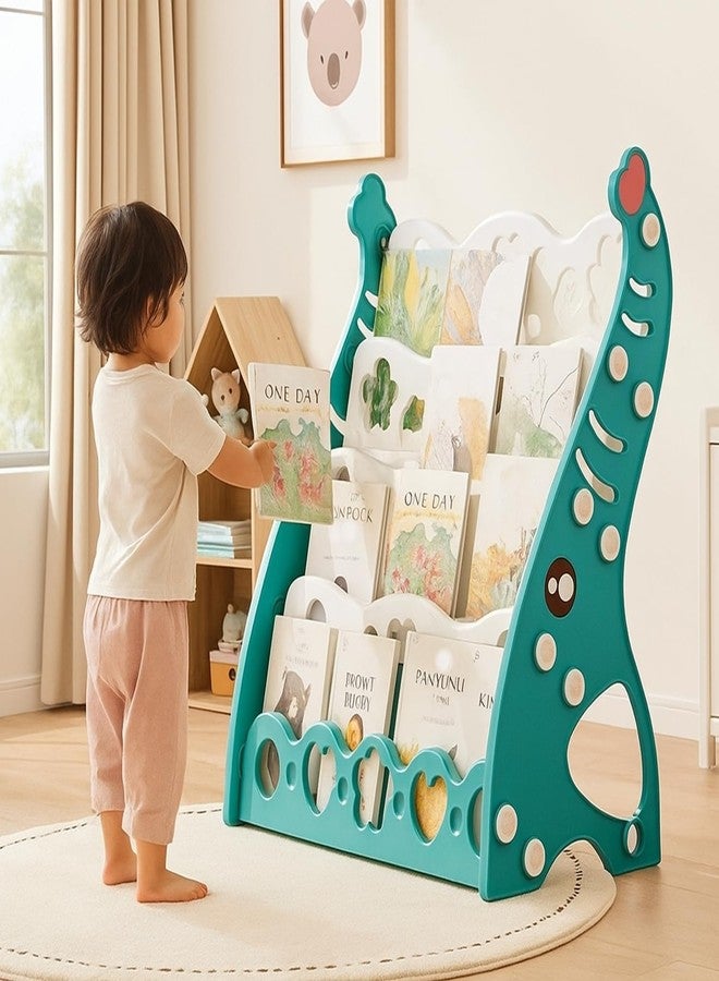 Metreno 4 Rack Book Shelf for Kids Room Plastic Kids Book Shelf Rack for Home Small Bookshelf for Babies Babies Toy Storage Organiser Toddler Book Rack (Green Without Bins) - Image 1