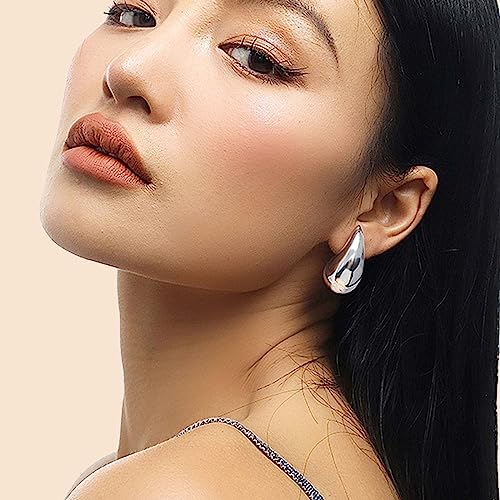 PANSHI Sterling Silver Earring Chunky Silver Hoop Earrings for Women Teen Trendy Hypoallergenic Stud Post Drop Earrings Jewelry (White Gold Chunky) - Image 2