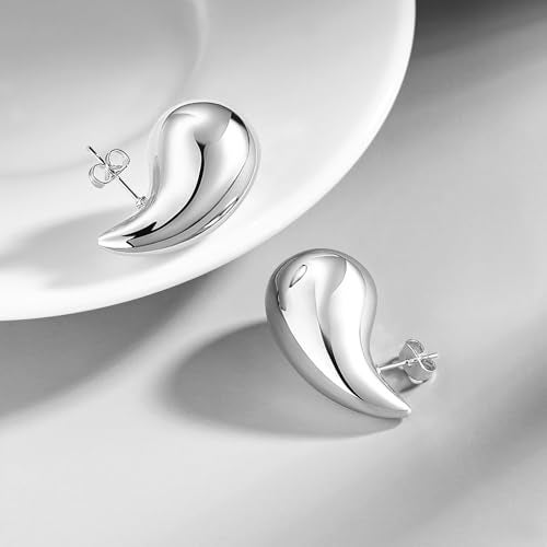 PANSHI Sterling Silver Earring Chunky Silver Hoop Earrings for Women Teen Trendy Hypoallergenic Stud Post Drop Earrings Jewelry (White Gold Chunky) - Image 5