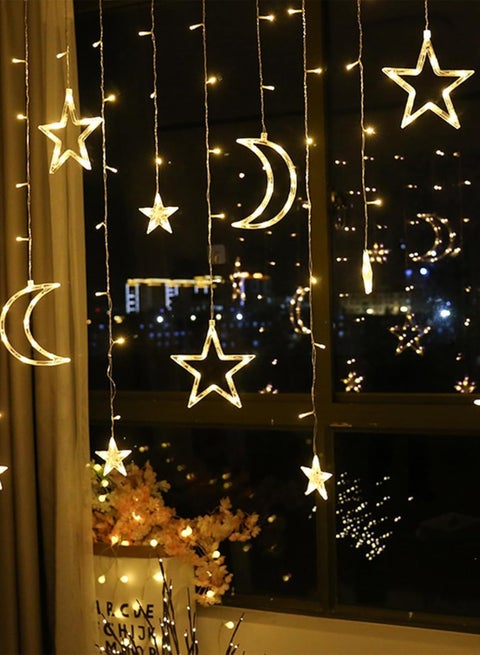 أضواء زينة رمضان LED 3.5 متر، سلسلة أضواء ستارة على شكل نجمة القمر للمنزل وأضواء رمضان للعطلات وديكورات رمضان وحفلات الزفاف، أبيض دافئ