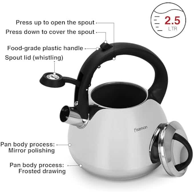 Fissman Whistling Tea Kettle 25L Stainless Steel 1810 Inox304 Kettle  MirrorPolished Finish  Bakelite Handle  Induction Bottom For All Cooktops  Indoor And Outdoor Cookware Dishwasher Safe - Image 2