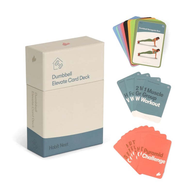 Habit Nest Dumbbell Elevate Exercise Cards: Home Workout Series Card Deck - Comprehensive At-Home Fitness System with 65 Exercises, 8 Bonus Challenges, and 4 Unique Workout Formats. - Image 1