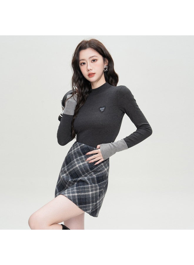 Hstyle 25 Spring Basic Versatile Women's T-shirt Long Sleeve Semi-turtleneck Solid Color Slim Fit Minimalist Top - Image 5