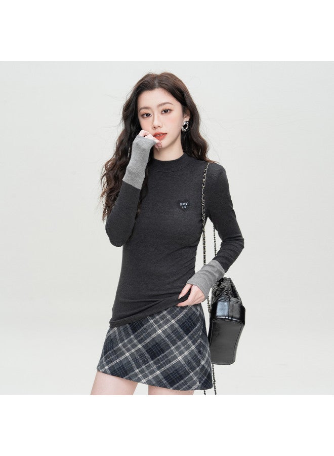 Hstyle 25 Spring Basic Versatile Women's T-shirt Long Sleeve Semi-turtleneck Solid Color Slim Fit Minimalist Top - Image 2