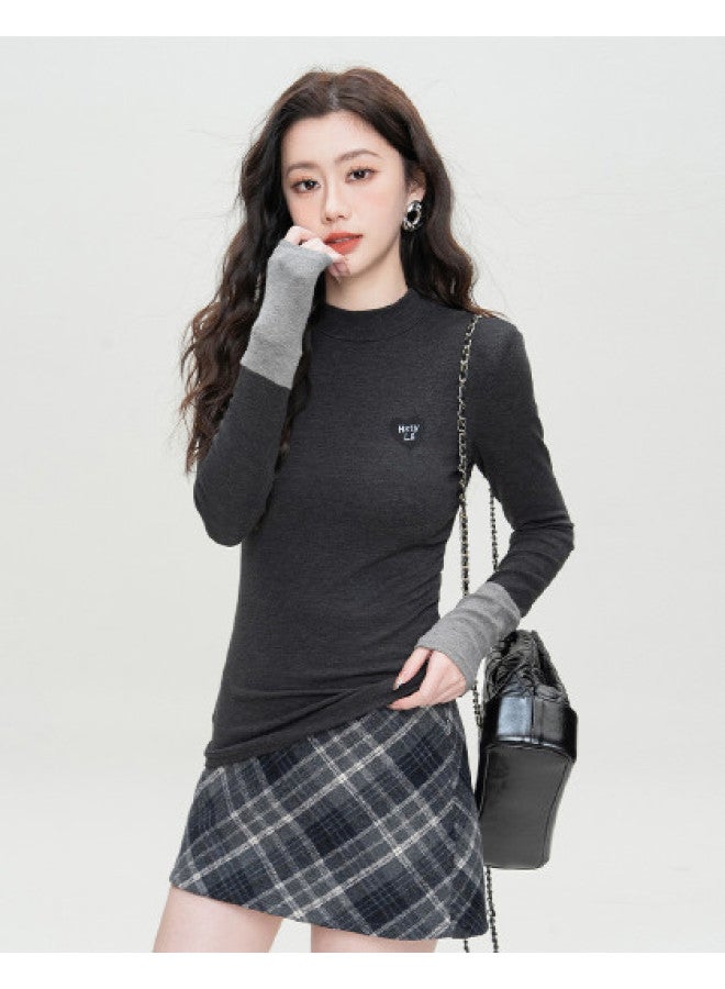 Hstyle 25 Spring Basic Versatile Women's T-shirt Long Sleeve Semi-turtleneck Solid Color Slim Fit Minimalist Top - Image 1