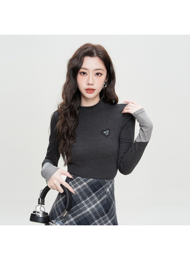 Hstyle 25 Spring Basic Versatile Women's T-shirt Long Sleeve Semi-turtleneck Solid Color Slim Fit Minimalist Top - Image 3