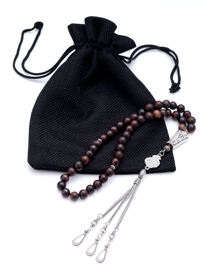 Subhati Prayer Beads (Misbah) with metal Parts and Red Tiger Eye Stone | 8 MM Beads - 45 Pcs |Gandeel Writing 6  - Image 3