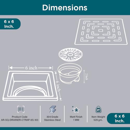 ARQUIN Floor Drainer 6"x6" Bathroom Floor Drainer | 304 Grade Stainless Steel Bathroom Water Jali | Shower Drain | Bathroom Jali | Bathroom Drainer with Cockroach Trap (1mm Thickness) - Image 5