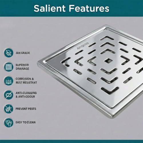 ARQUIN Floor Drainer 6"x6" Bathroom Floor Drainer | 304 Grade Stainless Steel Bathroom Water Jali | Shower Drain | Bathroom Jali | Bathroom Drainer with Cockroach Trap (1mm Thickness) - Image 3