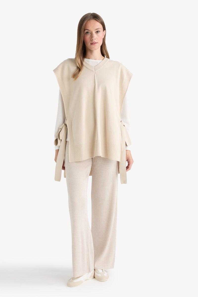 DeFacto Beige Woman V-Neck Side Tie Knit Vest Casual - Image 2