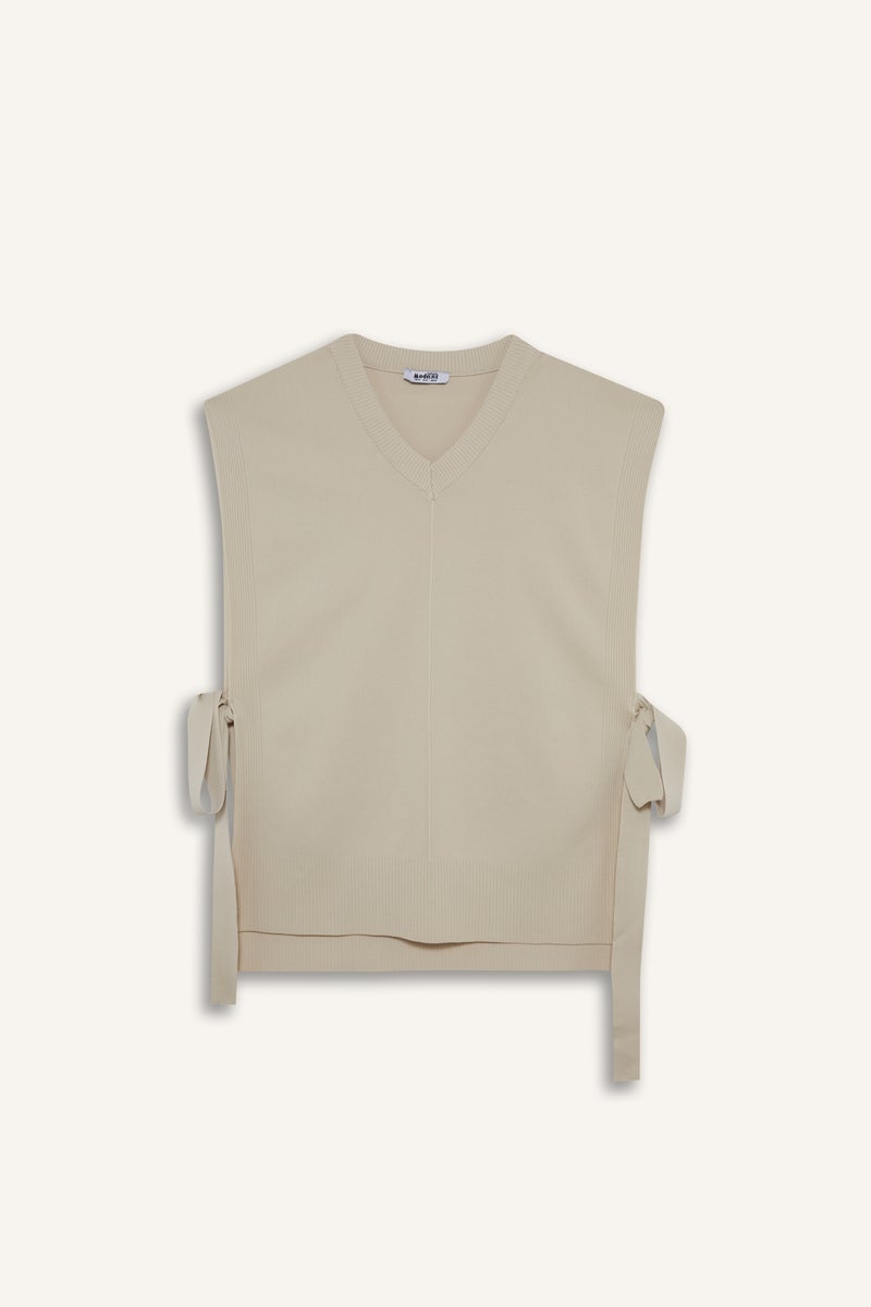DeFacto Beige Woman V-Neck Side Tie Knit Vest Casual - Image 1