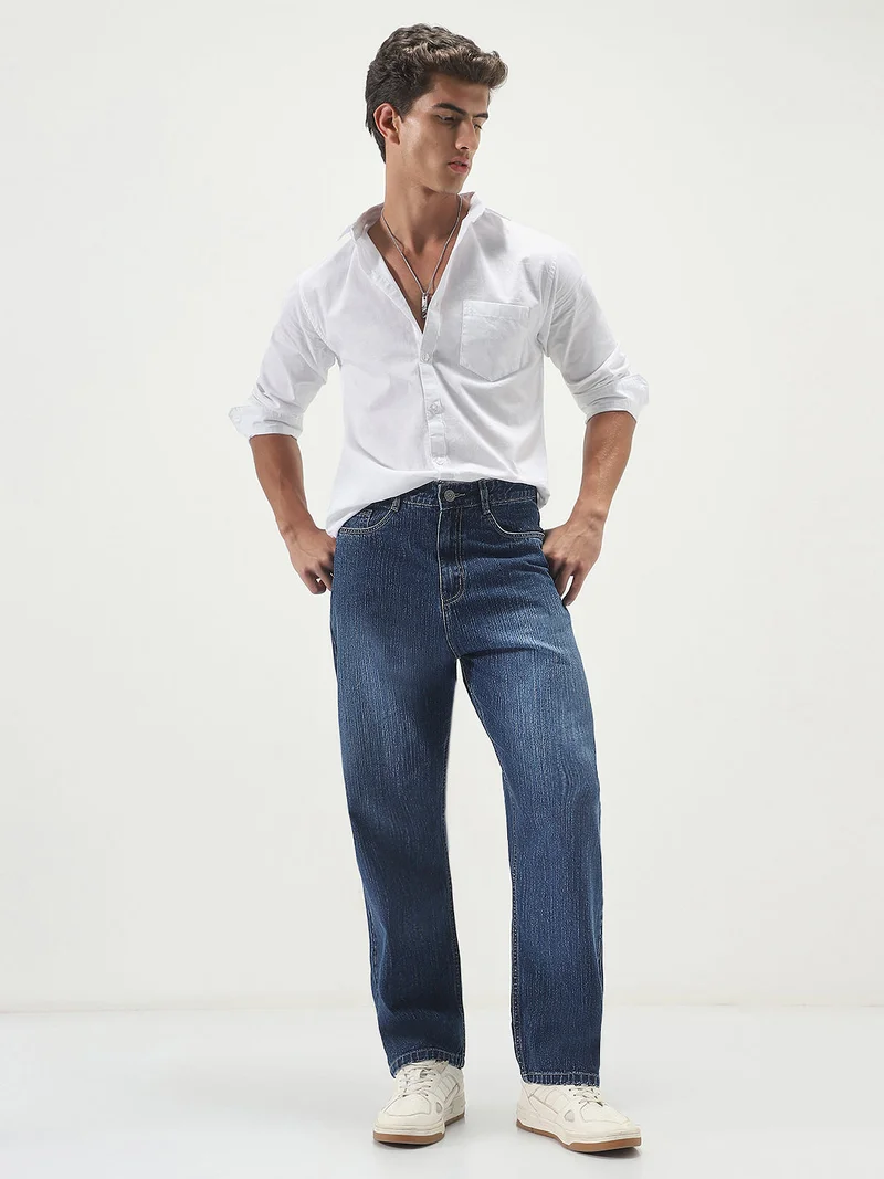 Urbano Fashion  Urbano Fashion Men's Blue Loose Baggy Fit Washed Denim Jeans Non-Stretchable  | Best Price UAE