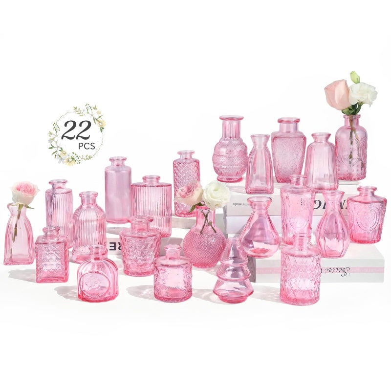 RUCKAE Pink Glass Bud Vases 22 Pack Small Flower Vase Glass Mini Bud Vases for Centerpieces,Wedding,Home Decor and Party - Image 1