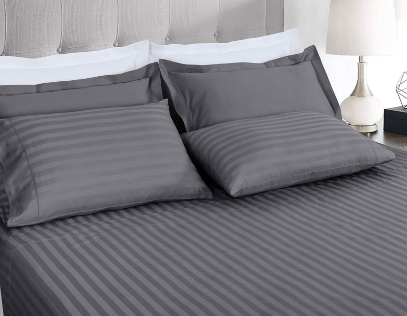 Threadmill Threadmill 500 Thread Count Twin Size Damask Stripe  3 Pc Luxury Cotton Bedding Set  Breathable & Silky Soft Dark Grey Sheets with 15"" Elasticized Deep Pocket  1 Pillowcase & Free Tote Bag  - Image 2