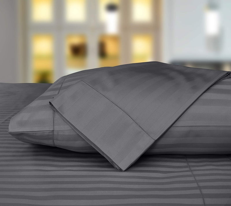 Threadmill Threadmill 500 Thread Count Twin Size Damask Stripe  3 Pc Luxury Cotton Bedding Set  Breathable & Silky Soft Dark Grey Sheets with 15"" Elasticized Deep Pocket  1 Pillowcase & Free Tote Bag  - Image 3