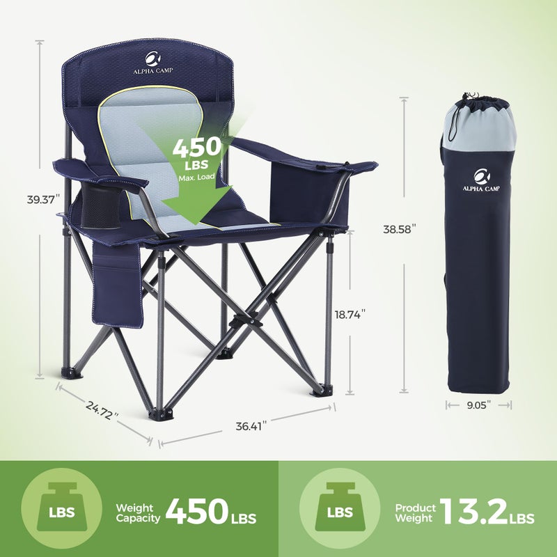 LET'S CAMP Oversized Folding Camping Chair Portable Outdoor Heavy Duty Padded Chairs Lawn Chair with Cup Holder, Storage Pocket and Cooler Bag, Supports 450LBS, for Camp, Travel, Picnic,2 Pack(Blue) - Image 4