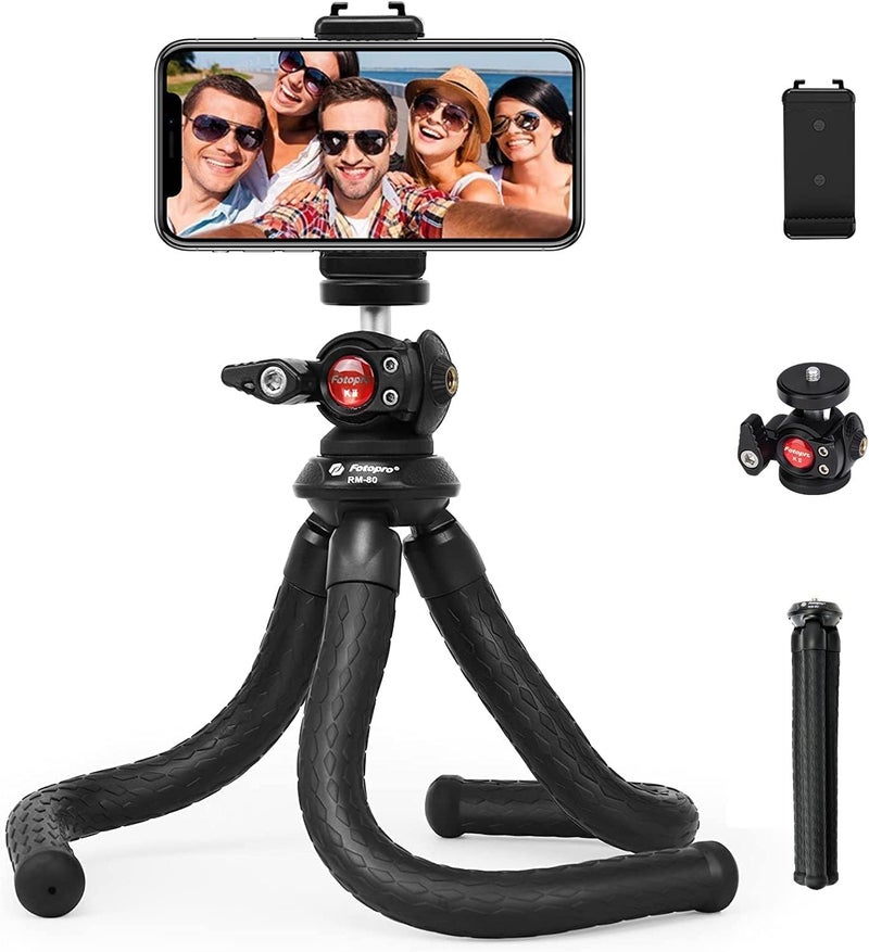 Fotopro حامل ثلاثي RM-80 مرن مع رأس كروي - حامل هاتف قابل للانحناء للسفر والتدوين، قاعدة كاميرا محمولة، متوافق مع الهواتف الذكية، مدمج وقابل للنقل - Image 1