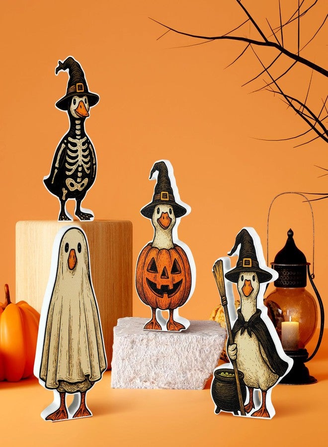 AceOrbit 4 Pcs Halloween Goose Wooden Decor 4.72 in Cute Goose Figurines Table Centerpieces Witch Ghost Pumpkin Skeleton Sign Farmhouse Tiered Tray Vintage Tabletop for Party Shelf Mantel Office Home - Image 5