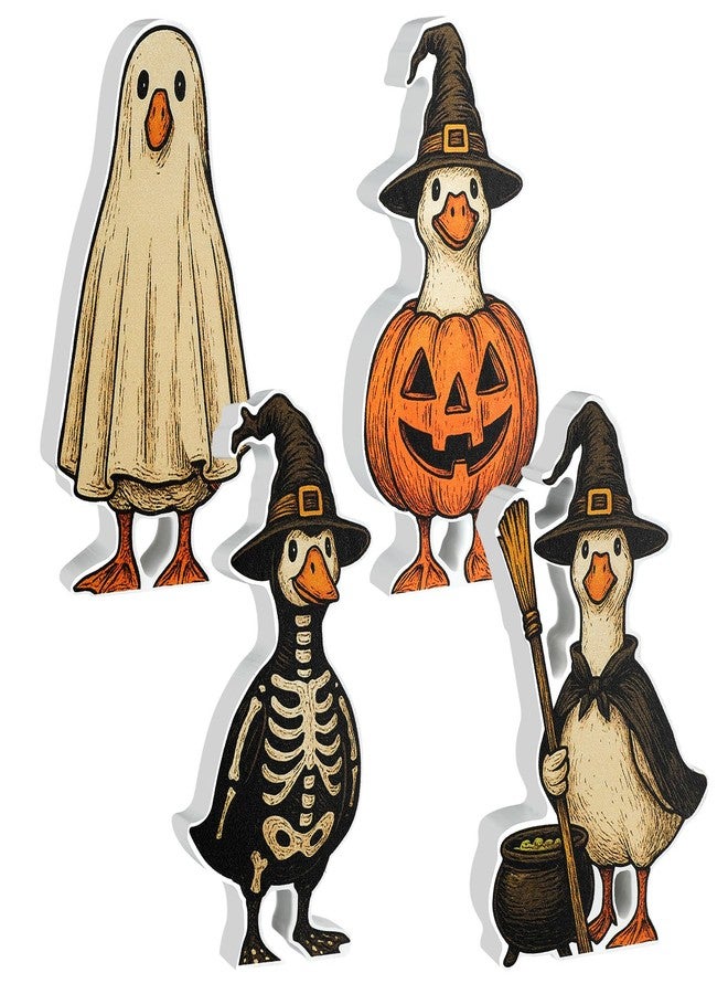 AceOrbit 4 Pcs Halloween Goose Wooden Decor 4.72 in Cute Goose Figurines Table Centerpieces Witch Ghost Pumpkin Skeleton Sign Farmhouse Tiered Tray Vintage Tabletop for Party Shelf Mantel Office Home - Image 1