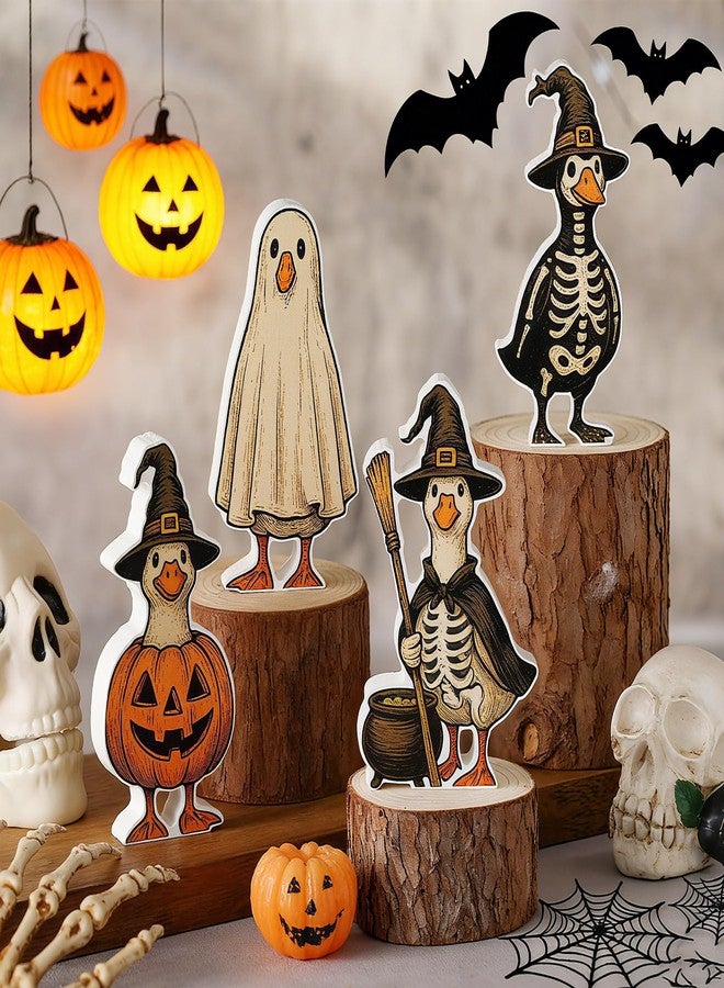 AceOrbit 4 Pcs Halloween Goose Wooden Decor 4.72 in Cute Goose Figurines Table Centerpieces Witch Ghost Pumpkin Skeleton Sign Farmhouse Tiered Tray Vintage Tabletop for Party Shelf Mantel Office Home - Image 4