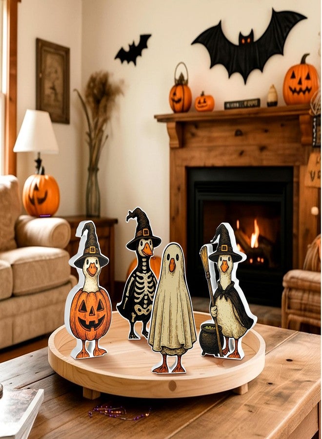 AceOrbit 4 Pcs Halloween Goose Wooden Decor 4.72 in Cute Goose Figurines Table Centerpieces Witch Ghost Pumpkin Skeleton Sign Farmhouse Tiered Tray Vintage Tabletop for Party Shelf Mantel Office Home - Image 3