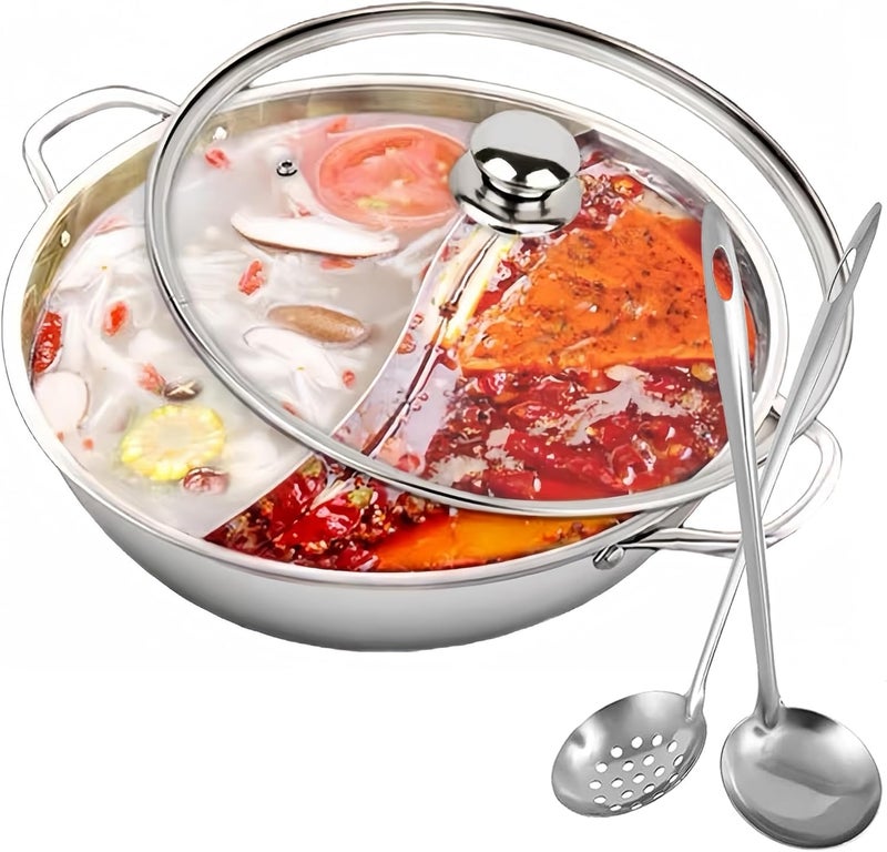Jolfay 304 Stainless Steel Multipurpose Hotpot Pot with Divider, 12 in Double-Flavor Shabu Shabu Pot with Ladle - Slotted Spoon, Dual Sided Soup Cookware for Induction Cooktop Gas Stove Kitchen Tool - Image 1