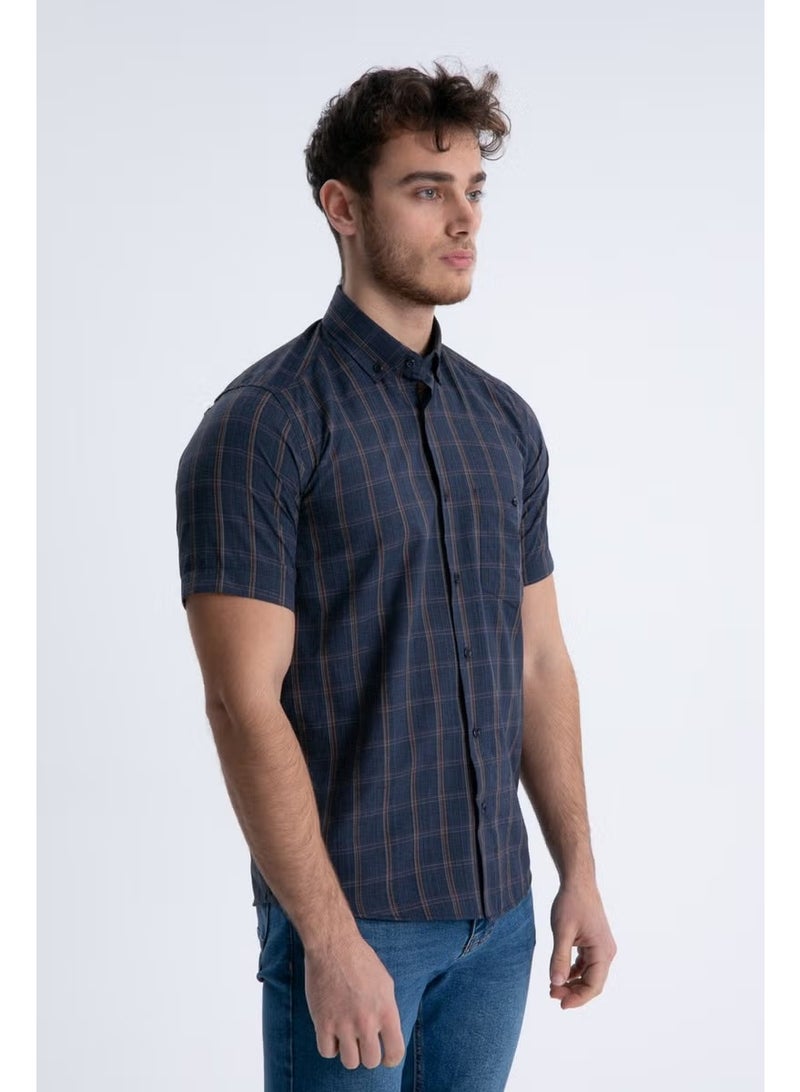 Varetta Men's Navy Blue Short Sleeve Checked Pocket Collar Buttoned Shirt - Image 3